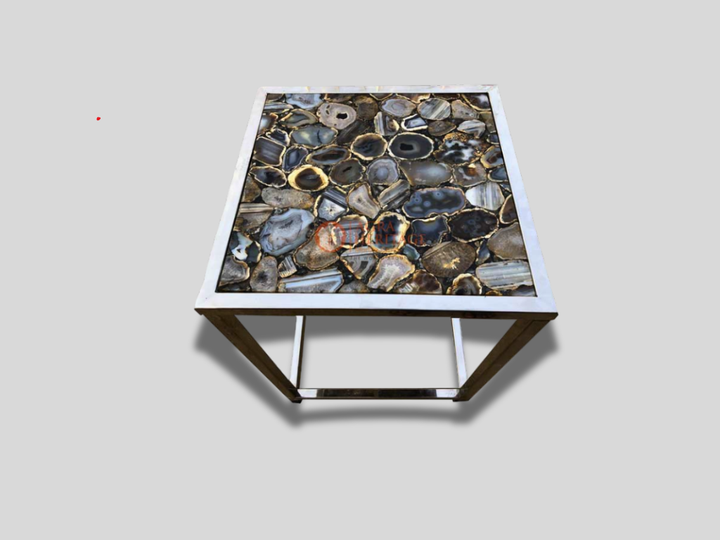 Table Top With Stand Black Agate Stone Art